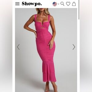 SHOWPO KODY MIDI DRESS - BODYCON RUCHED MESH CUT OUT DRESS IN HOT PINK